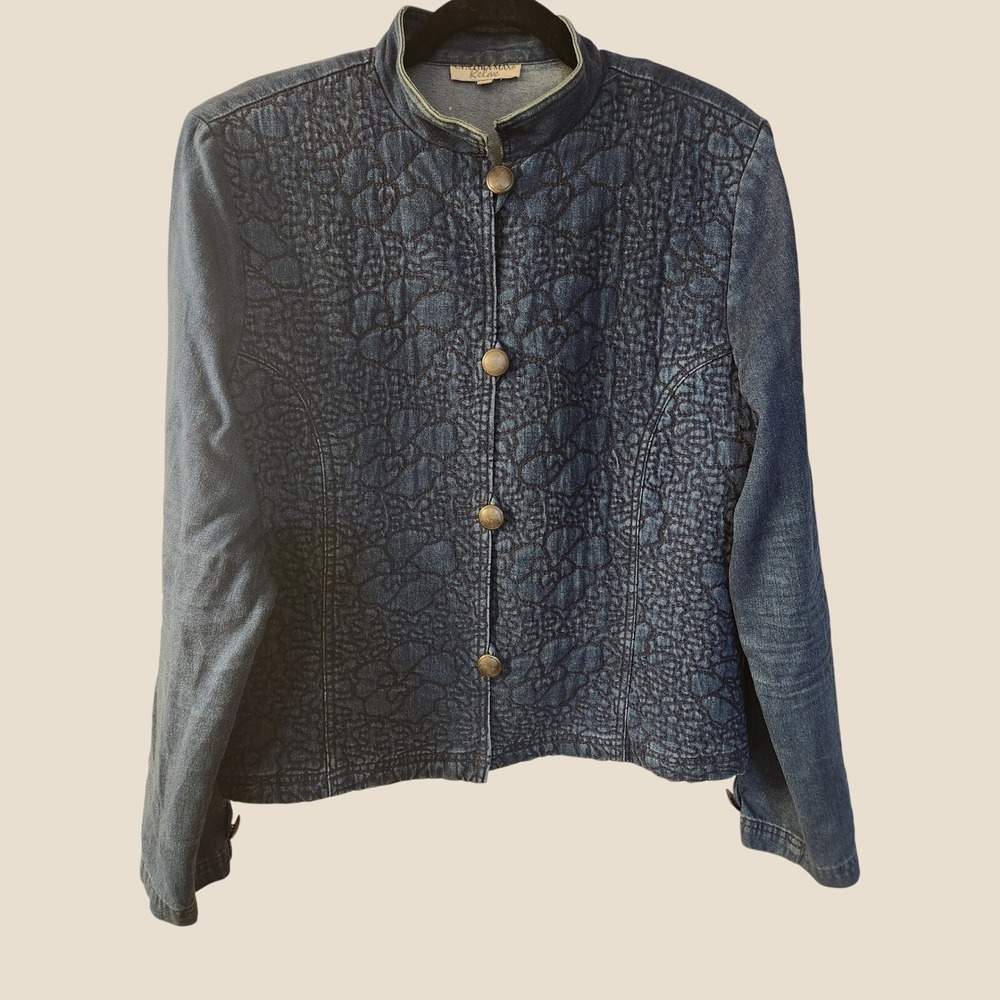 VTG 90's CynthiaMax Relax Embroidered Denim Jacket L Teacher Lagenlook Buttermom